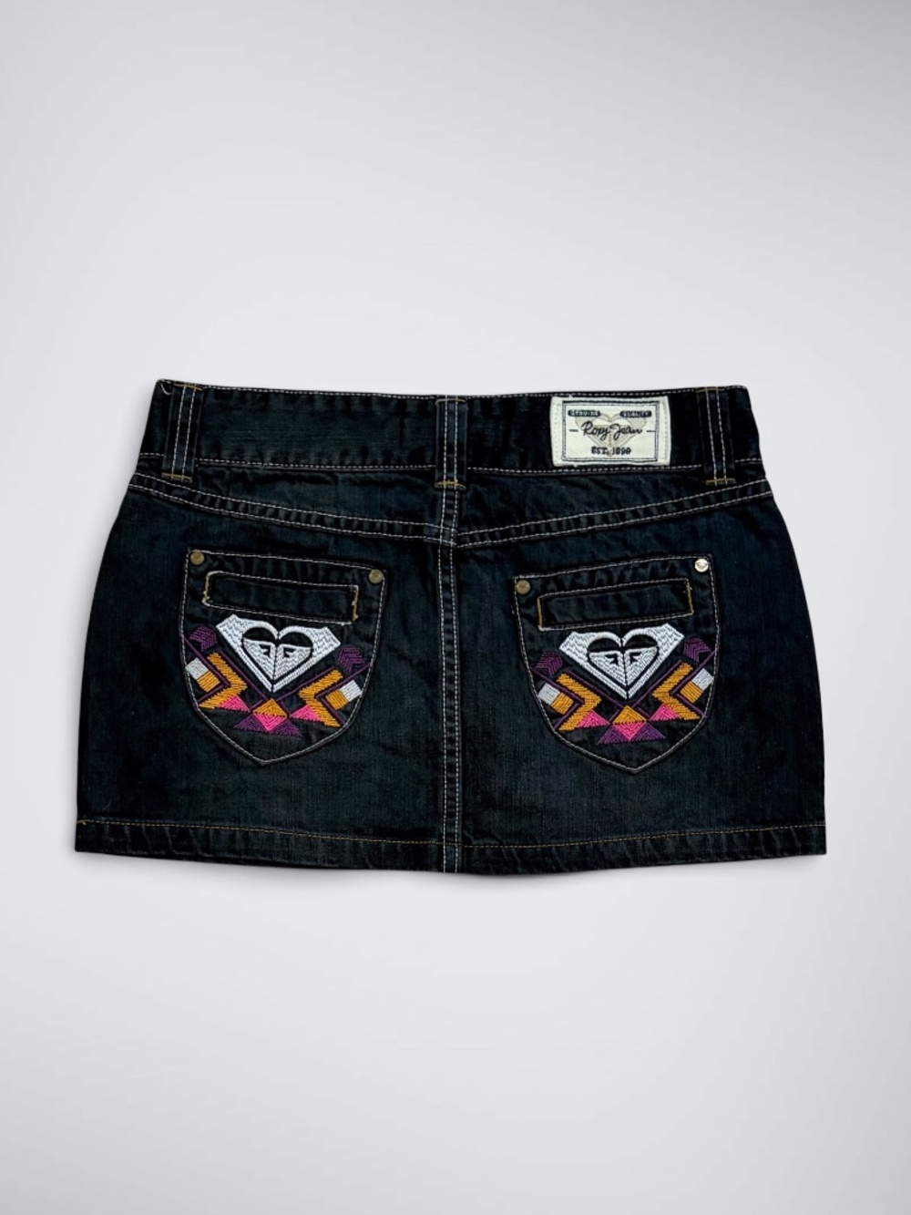 Vintage Y2K Roxy Embroidered Back Pocket Dark Wash Denim Micro Mini Skirt
